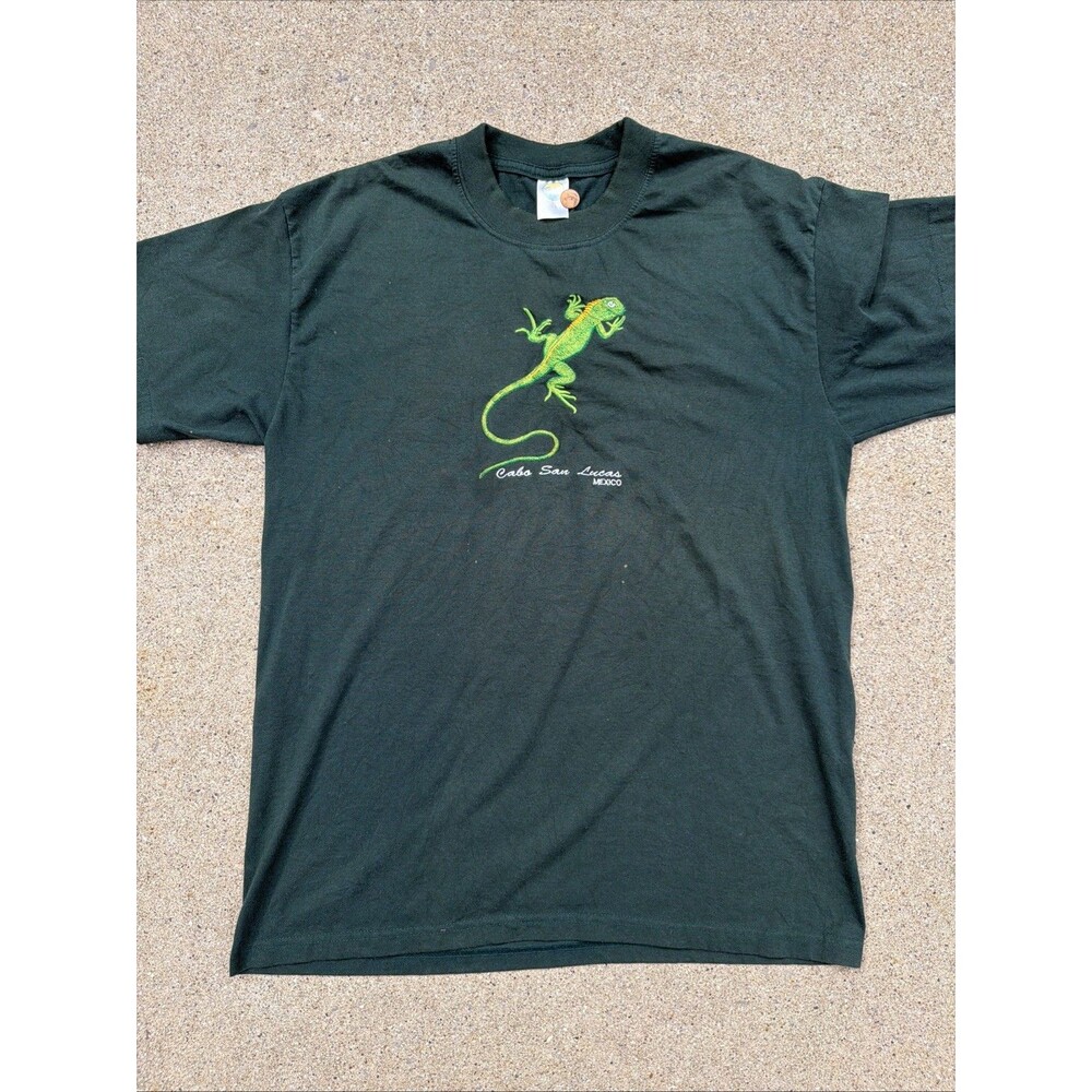 Vintage Caribbean Tropic Cabo San Lucas Mexico Iguana Embroidered Green XL Shirt